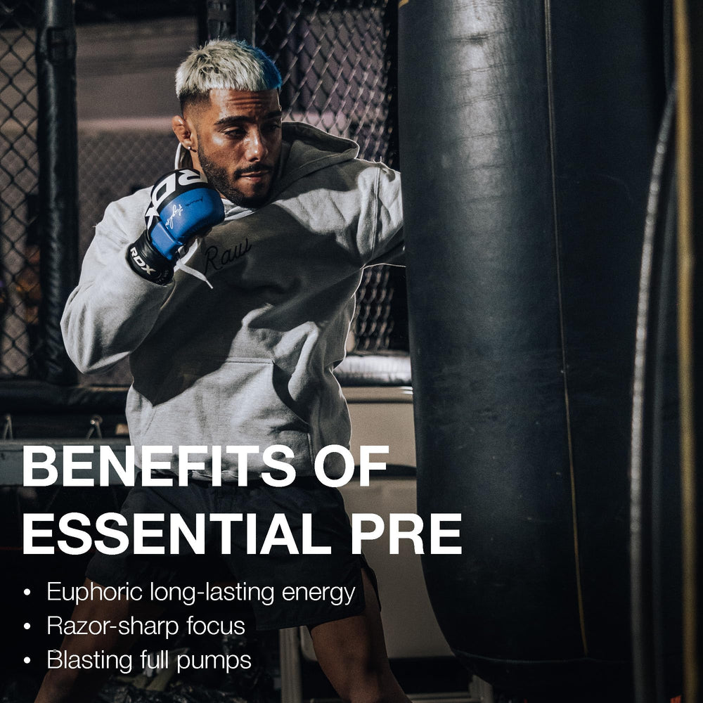 RAW Essential Pre-Workout Fruit Burst packaging on display highlights brand quality.