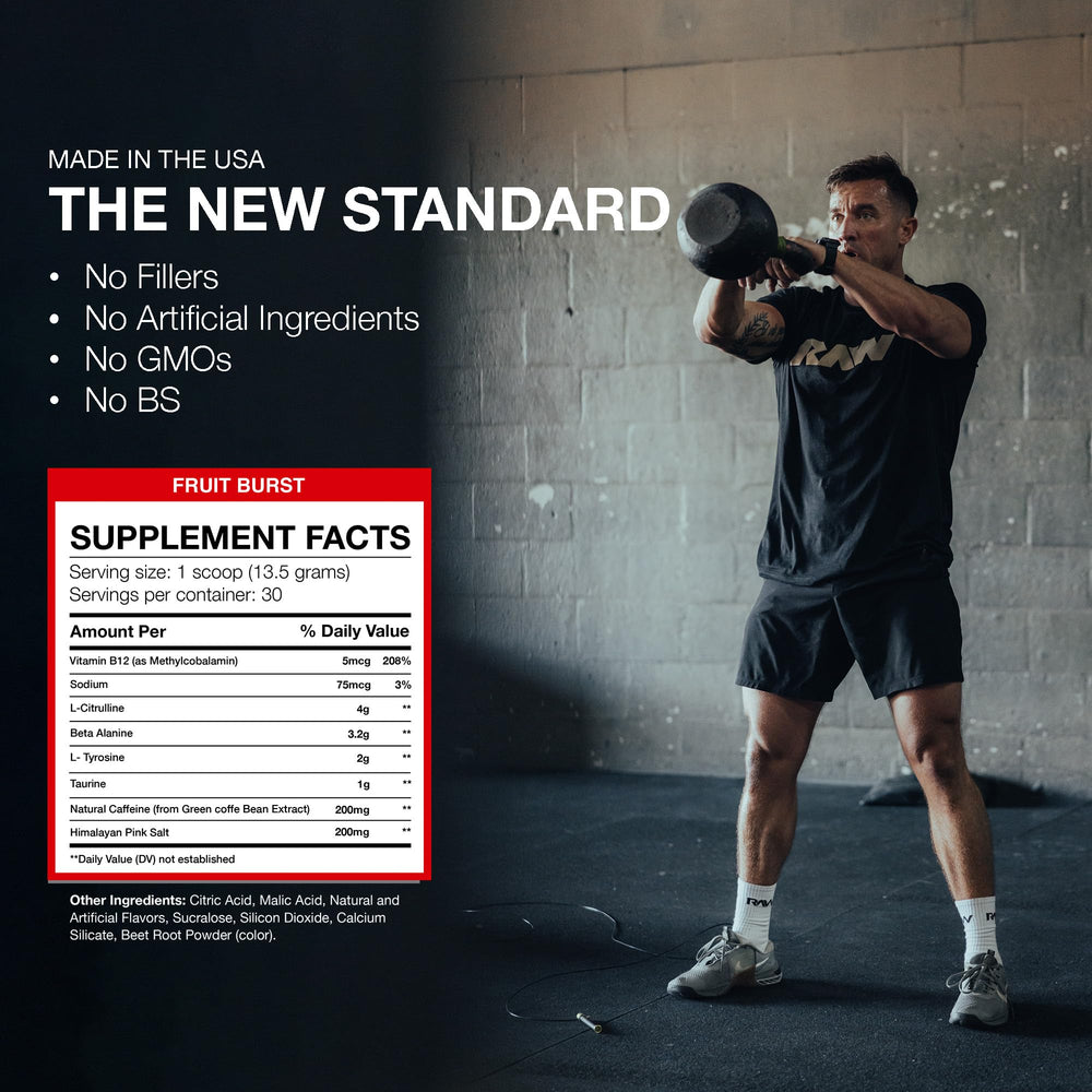 RAW Essential Pre-Workout Fruit Burst dissolving in water for tasty flavor and mixability.