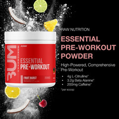RAW Essential Pre-Workout Fruit Burst label emphasizes clean ingredients and USA-made quality.