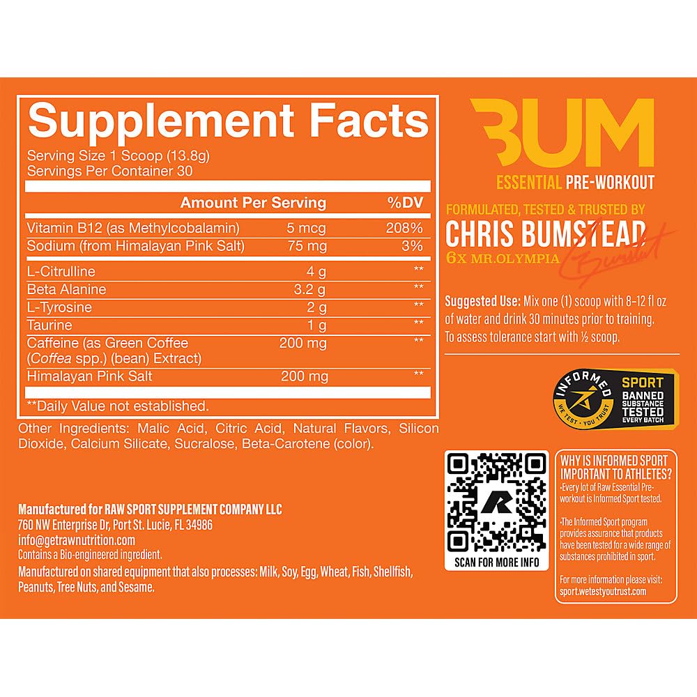 RAW Essential Pre-Workout Orange tub front showing label and ready-to-use formula.