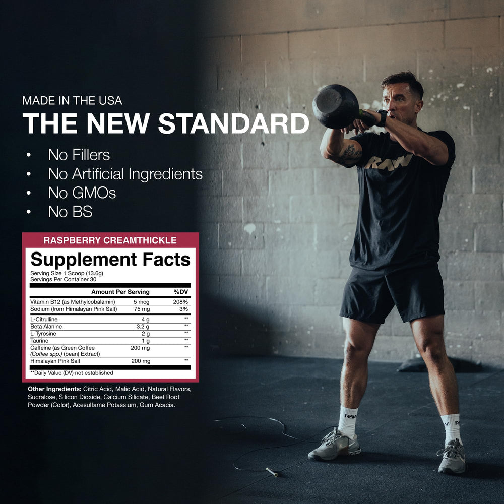 RAW Raspberry Creamthickle beta-alanine packaging supports longer sets