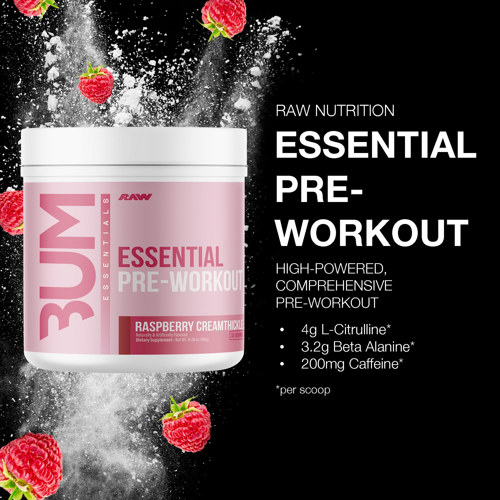 RAW Raspberry Creamthickle powder tub showing flavor and ingredients