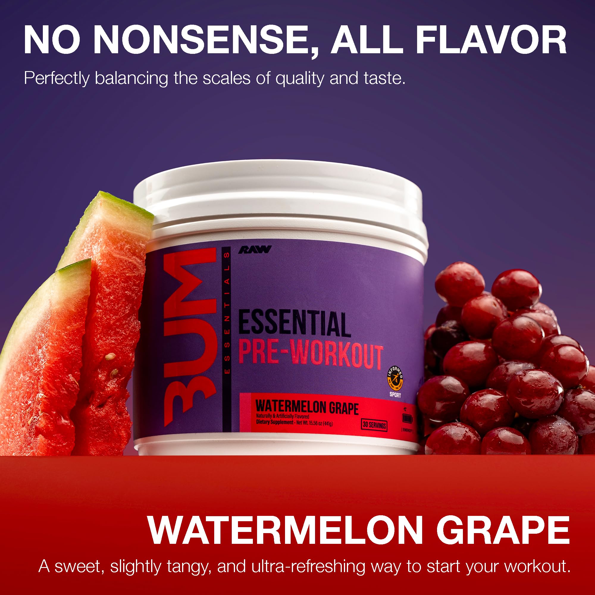 RAW Essential Pre-Workout scoop showing 4 g L-Citrulline per serving for strong performance.