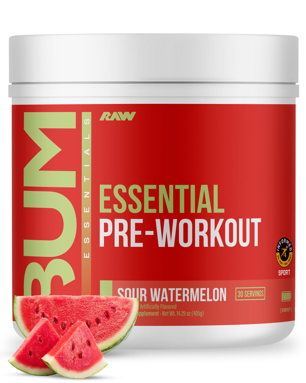 RAW Essential Pre-Workout Sour Watermelon bottle promotes sustained energy for workouts.