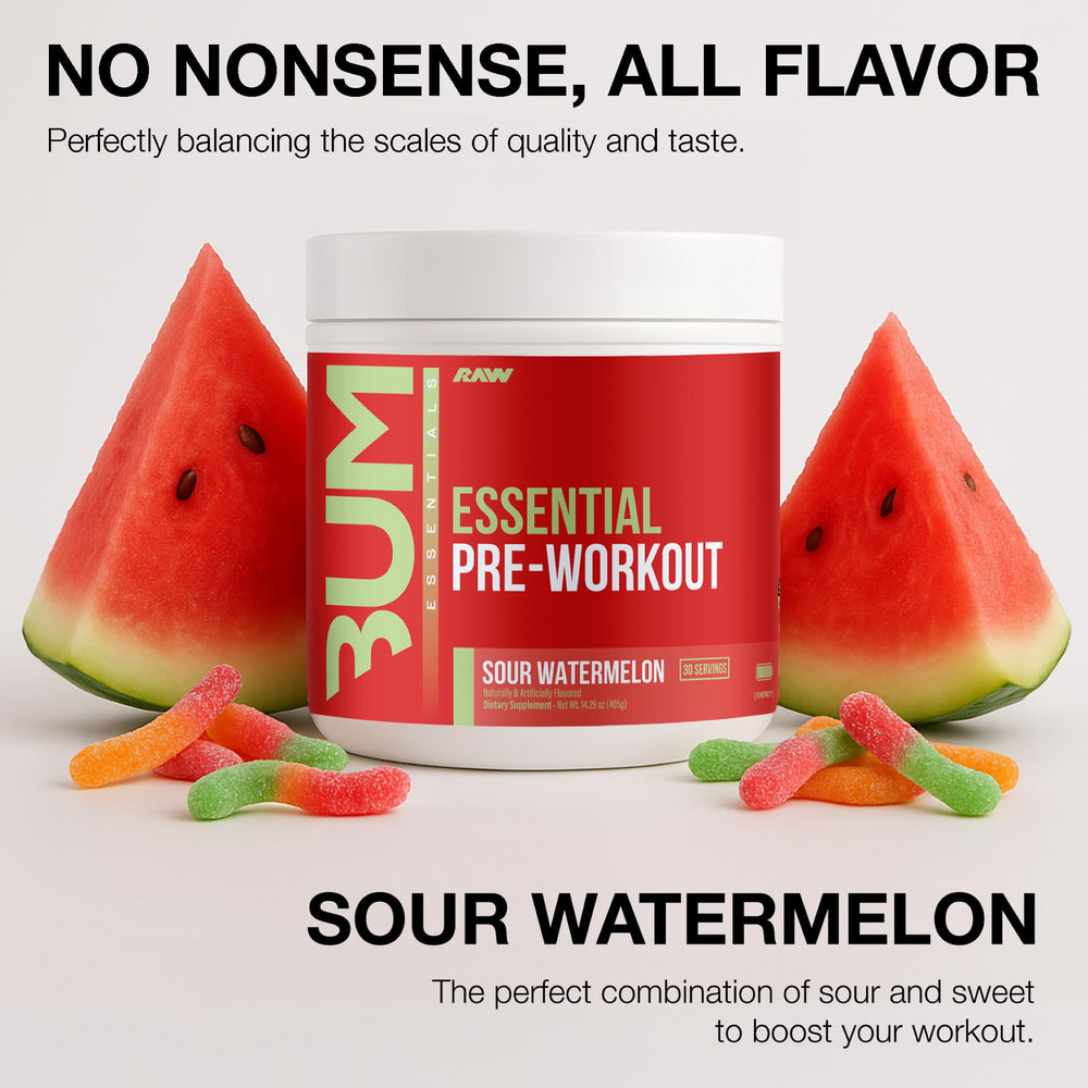 RAW Essential Pre-Workout Sour Watermelon powder-dispensing scene shows clear, high-quality mix.