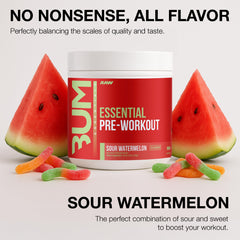 RAW Essential Pre-Workout Sour Watermelon powder-dispensing scene shows clear, high-quality mix.