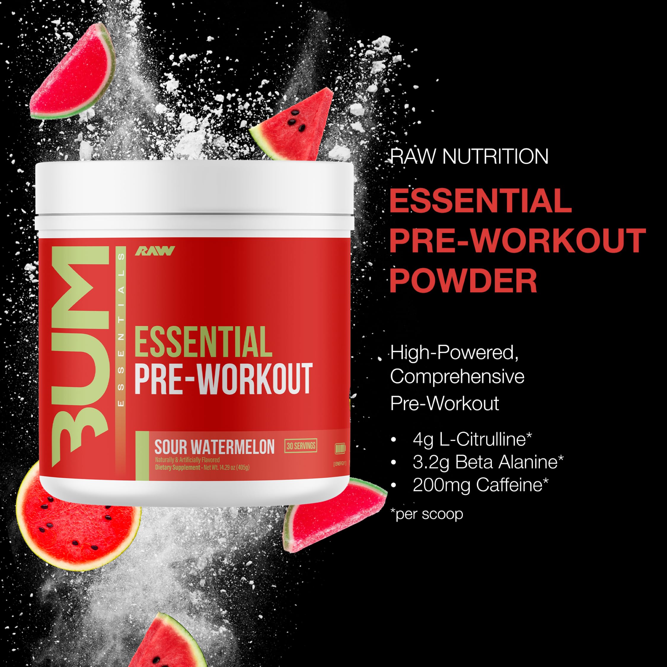 RAW Essential Pre-Workout Sour Watermelon scoop provides precise serving for reliable pumps.