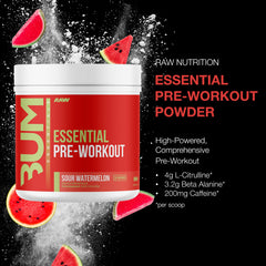 RAW Essential Pre-Workout Sour Watermelon scoop provides precise serving for reliable pumps.