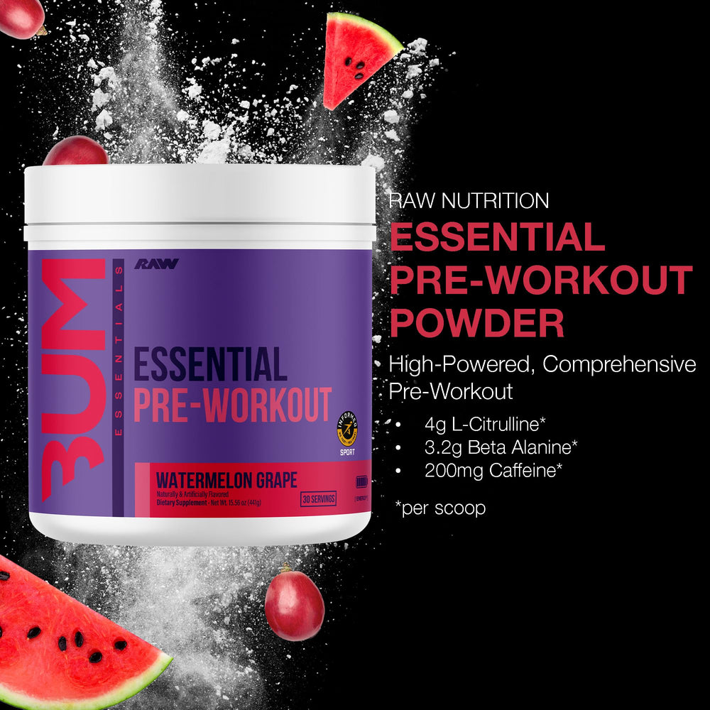 RAW Essential Pre-Workout Watermelon Grape label highlights caffeine and L-Citrulline for energy.