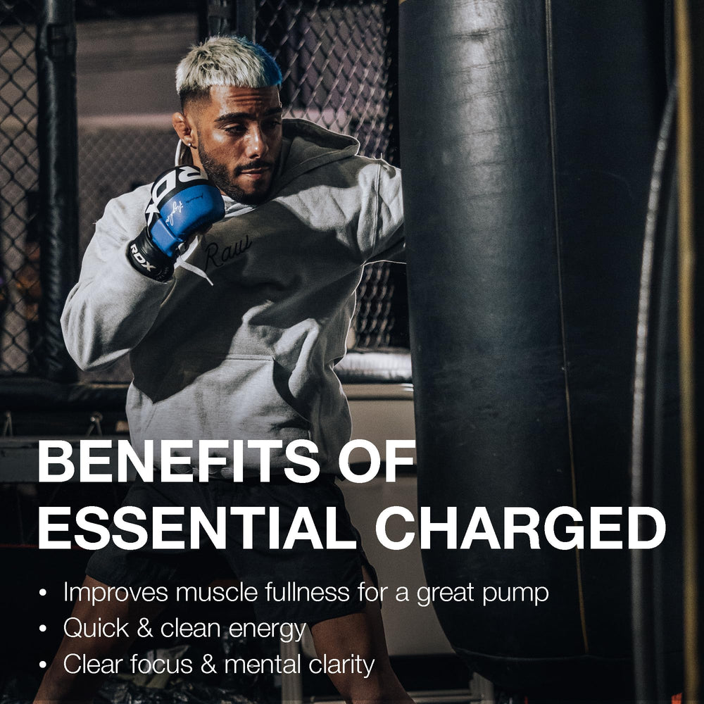 RAW Essential Charged ingredients image showing caffeine, L-Citrulline, Beta-Alanine for endurance