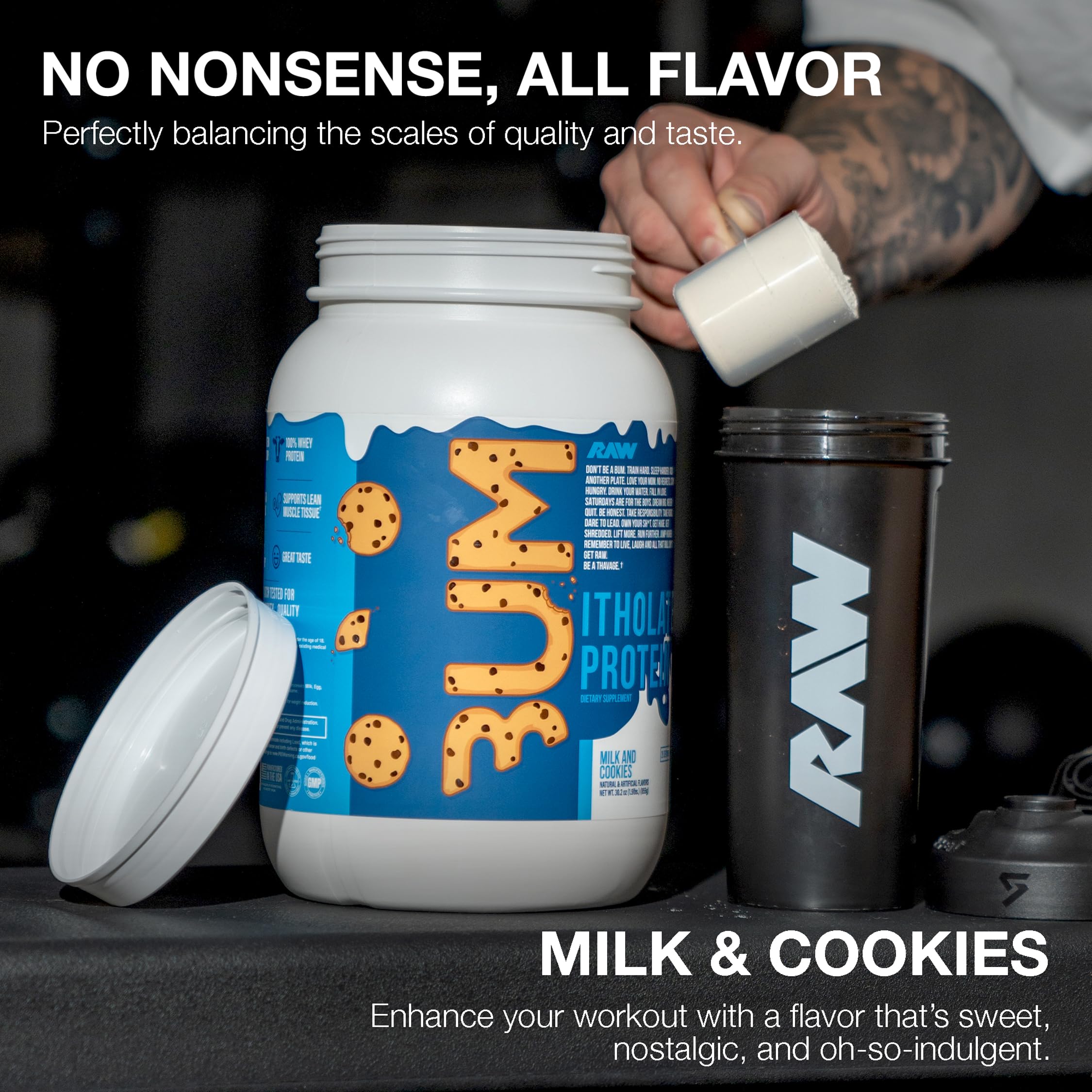 RAW Itholate protein powder scoop mid‑pour supporting lean muscle goals.