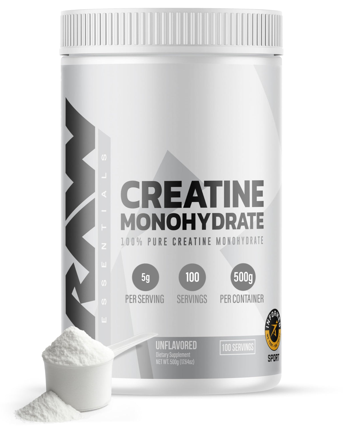 RAW Nutrition Creatine Monohydrate powder bottle for consistent training energy
