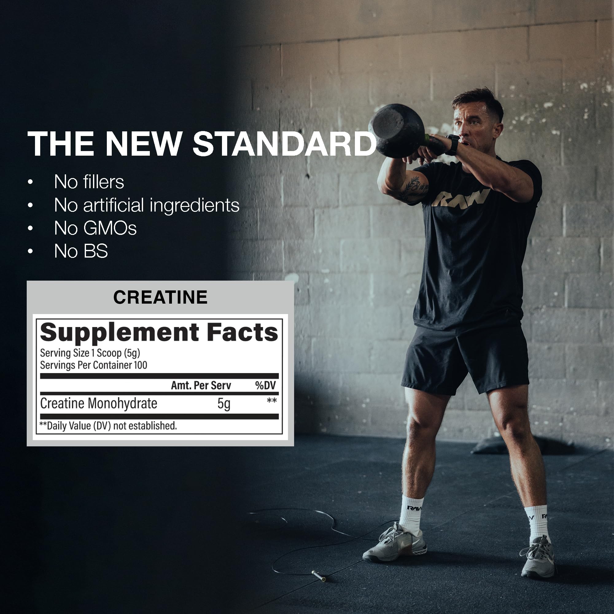 RAW Nutrition creatine monohydrate label highlighting 100 servings