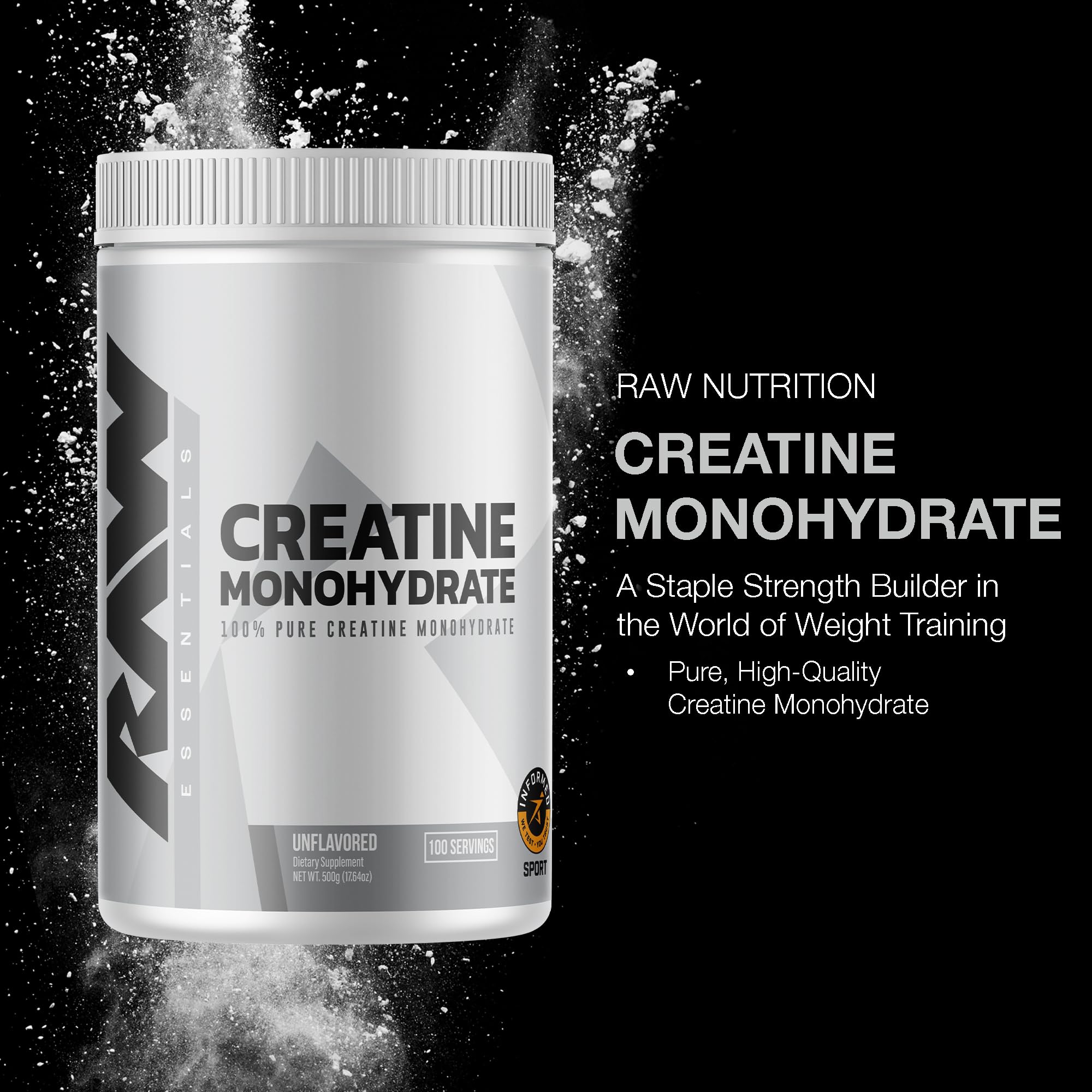 RAW Nutrition creatine powder scoop showing easy daily dosing for strength