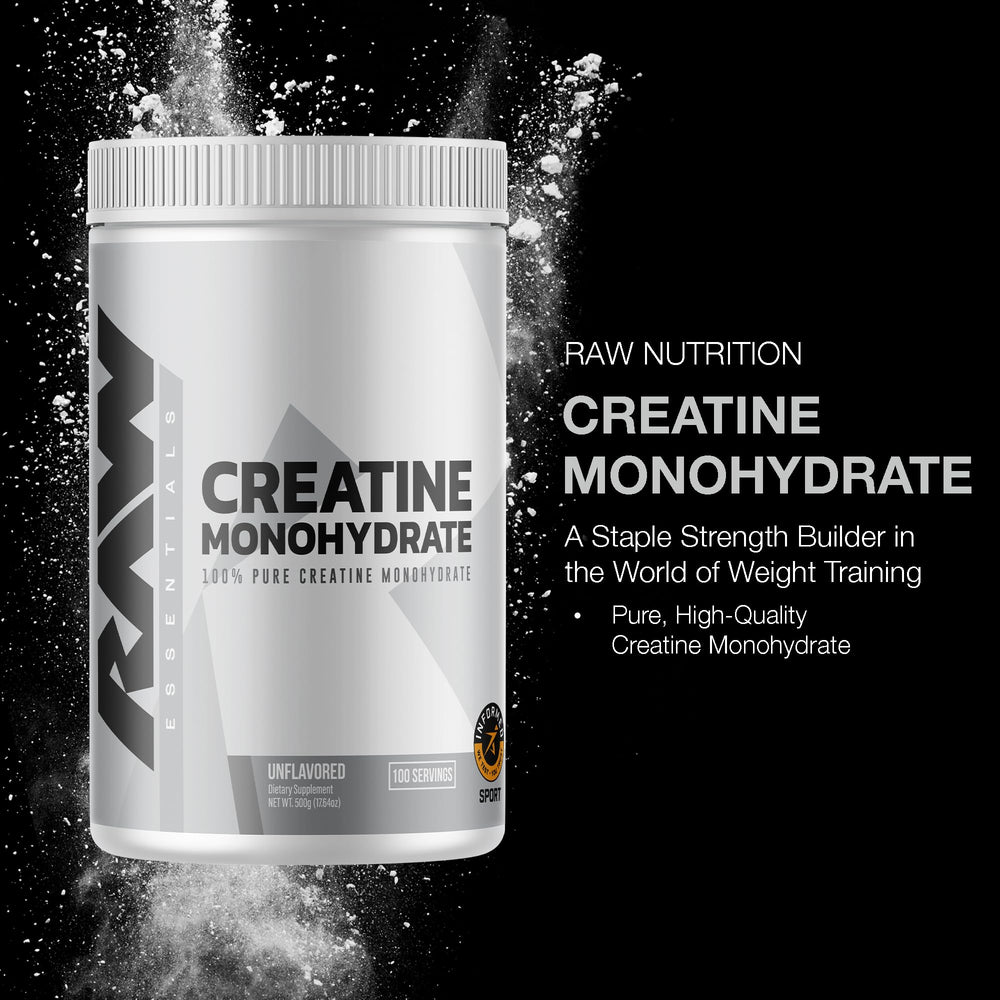 RAW Nutrition creatine powder scoop showing easy daily dosing for strength