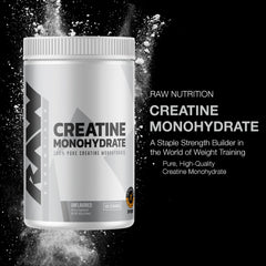RAW Nutrition creatine powder scoop showing easy daily dosing for strength