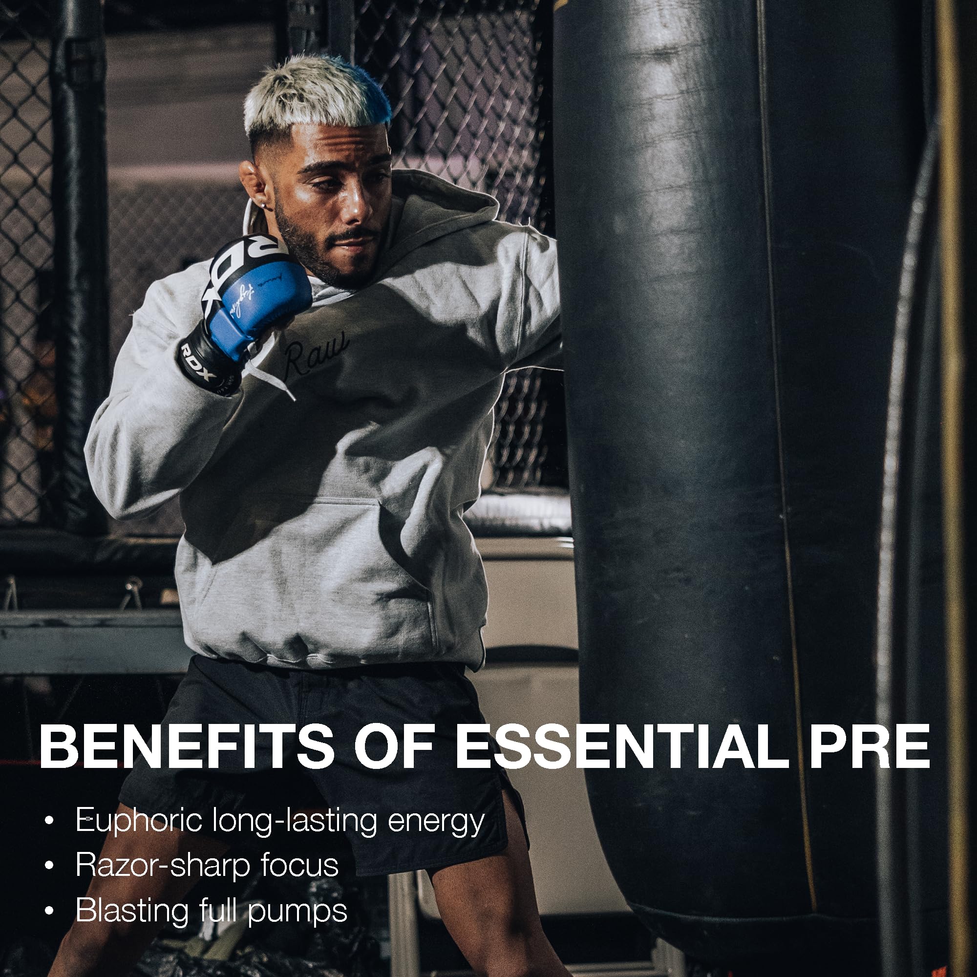 RAW Nutrition Essential Pre Peach Mango in-mixer shows an easy pre-workout shake.