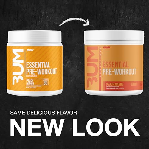 RAW Nutrition Essential Pre Peach Mango scoop for precise serving and consistent energy during training.