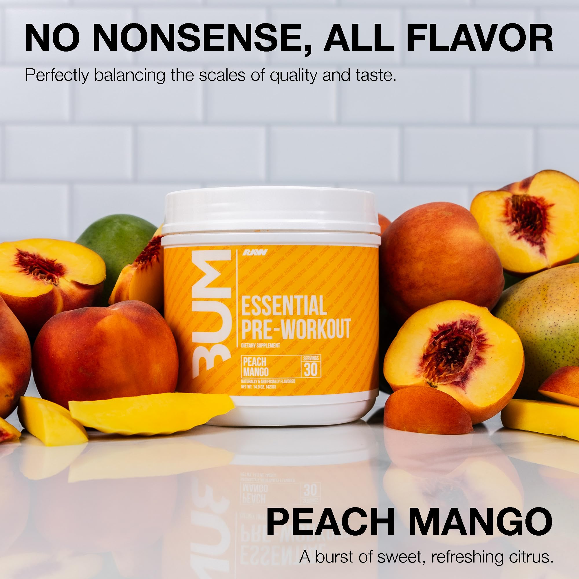 RAW Nutrition Essential Pre Peach Mango tub closeup emphasizes natural ingredients and branding.