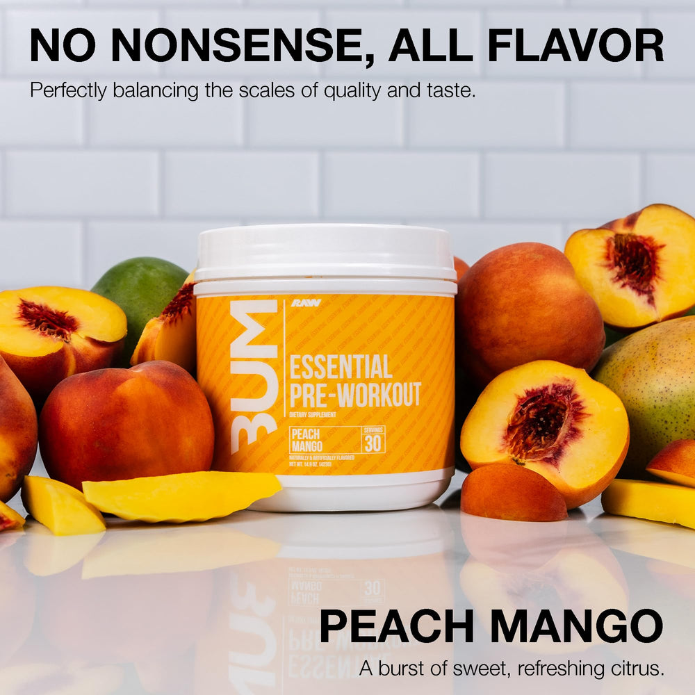 RAW Nutrition Essential Pre Peach Mango tub closeup emphasizes natural ingredients and branding.