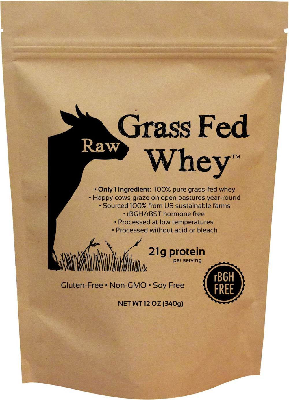 Raw Organic Whey 1-Ingredient label showing purity from grass-fed cows for clean protein.