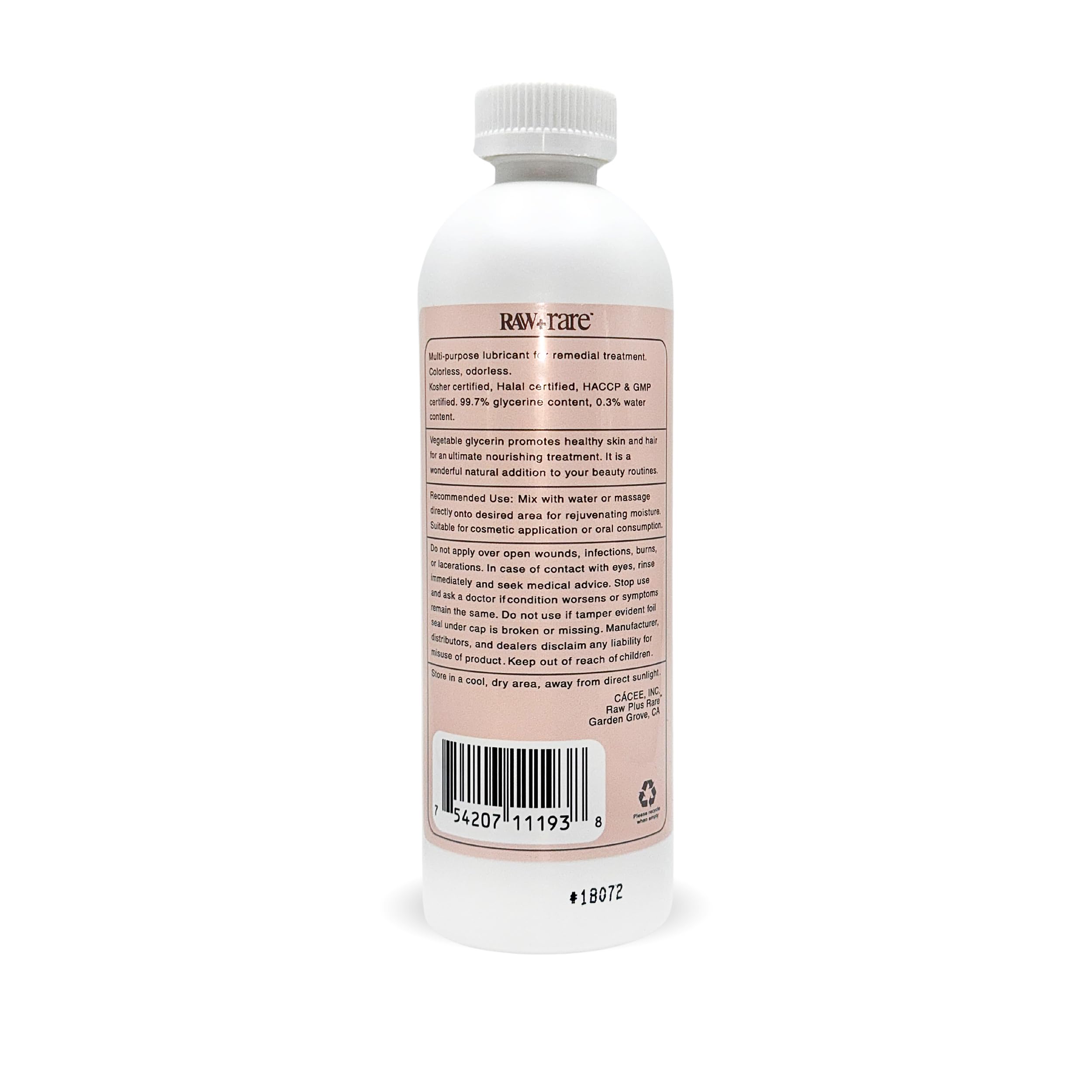 Raw Plus Rare glycerin bottle closeup communicates high purity for cosmetics.