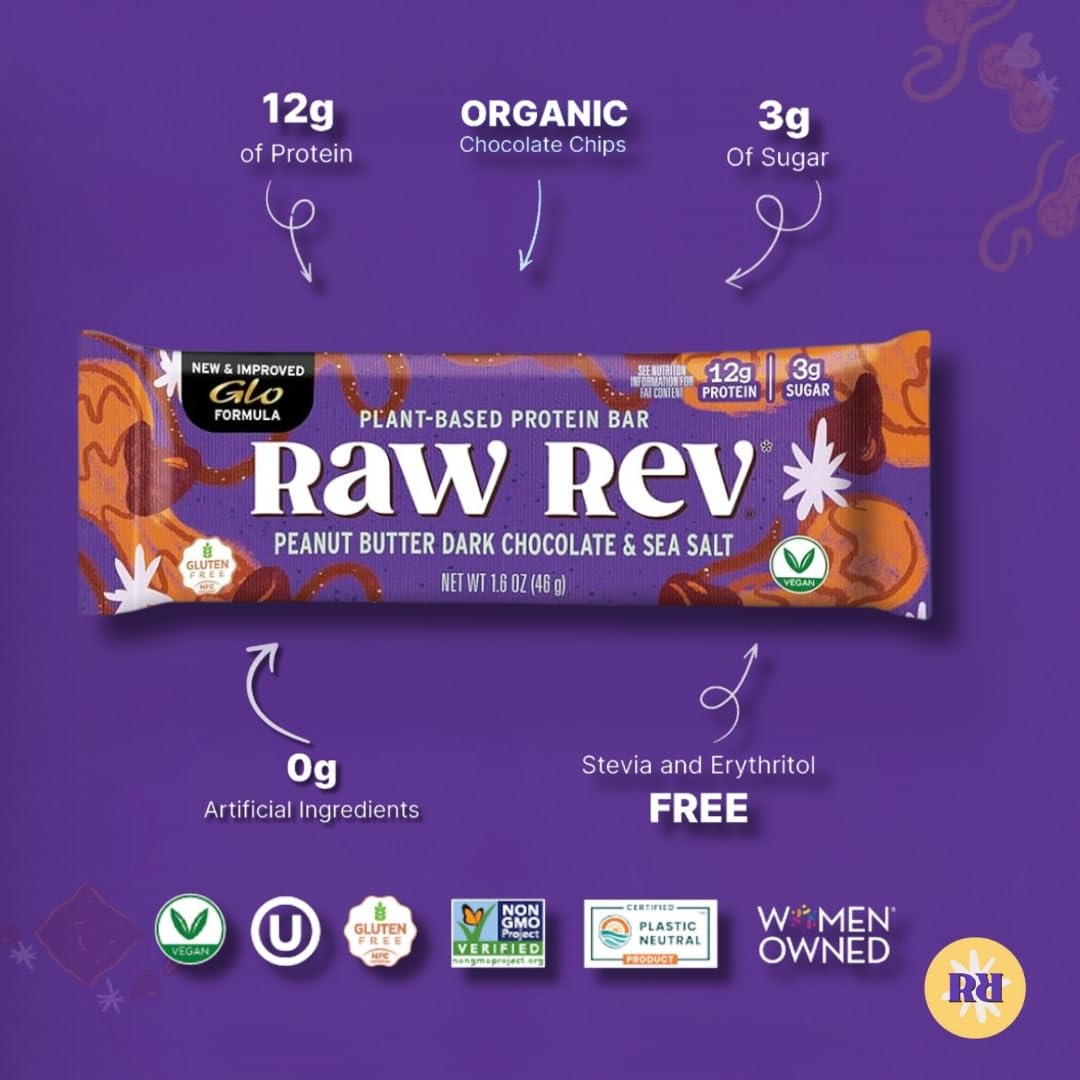 Raw Rev Glo bar closeup texture showing creamy peanut butter and chocolate.