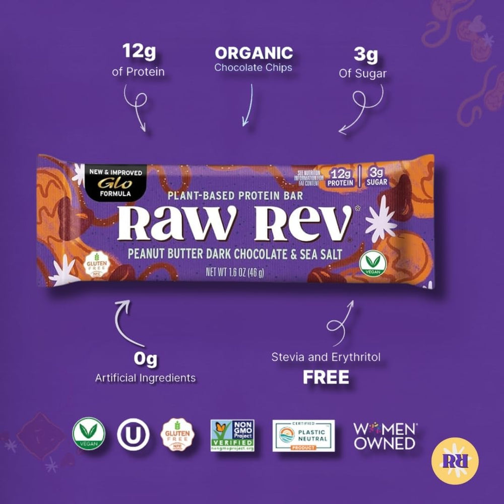 Raw Rev Glo bar closeup texture showing creamy peanut butter and chocolate.
