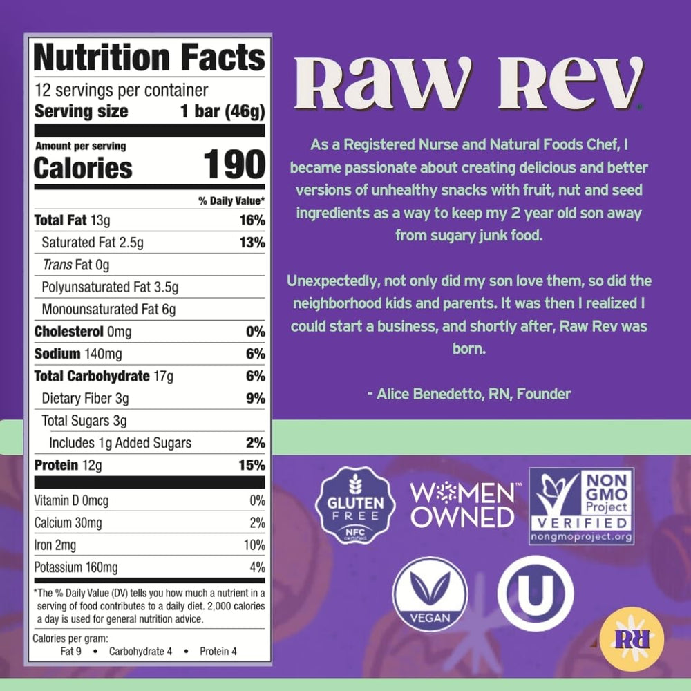 Raw Rev Glo bar on plate ready snack with protein and fiber support during busy days.