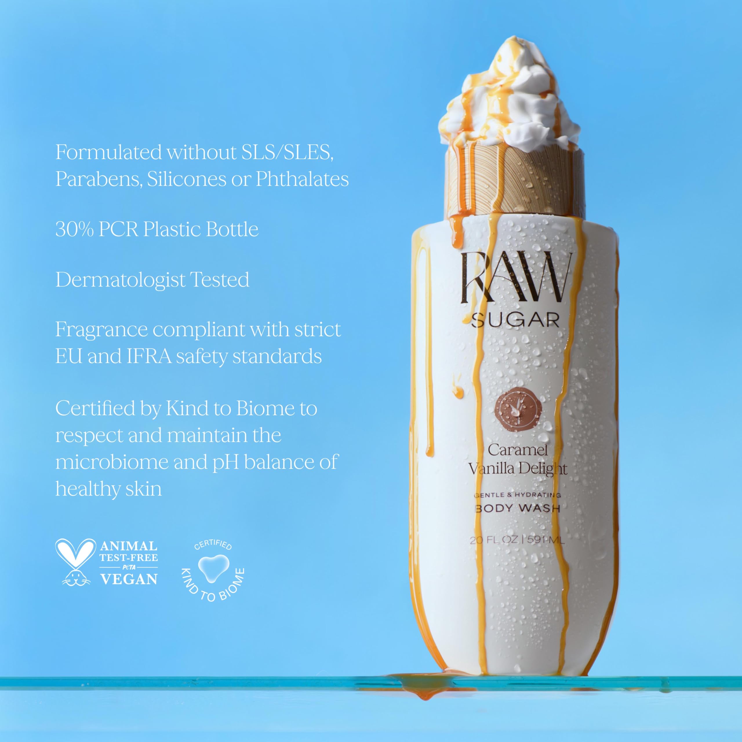 RAW SUGAR Body Wash 20 fl oz label communicates size and value at a glance