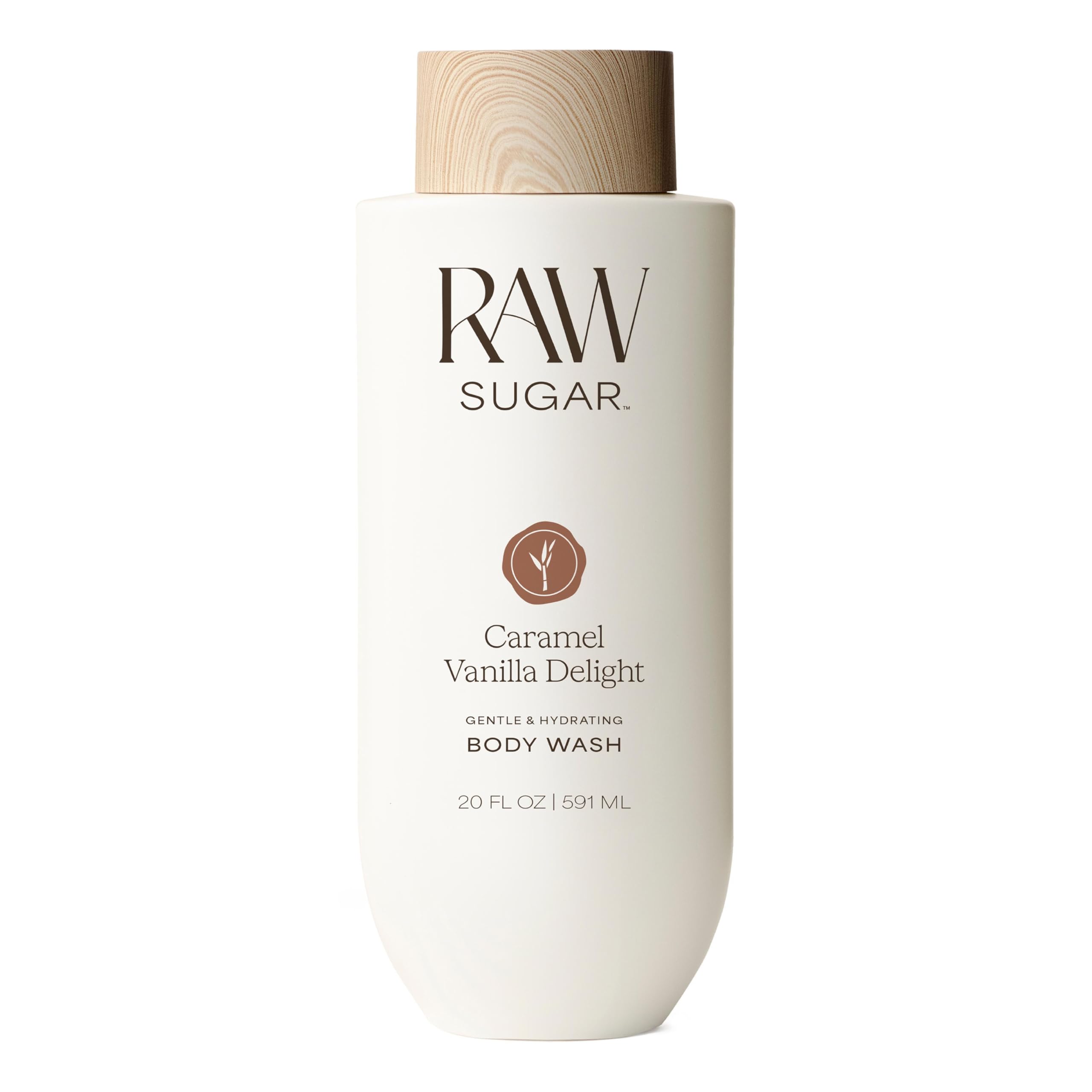 RAW SUGAR Body Wash Caramel Vanilla Delight bottle front with inviting scent for daily cleansing