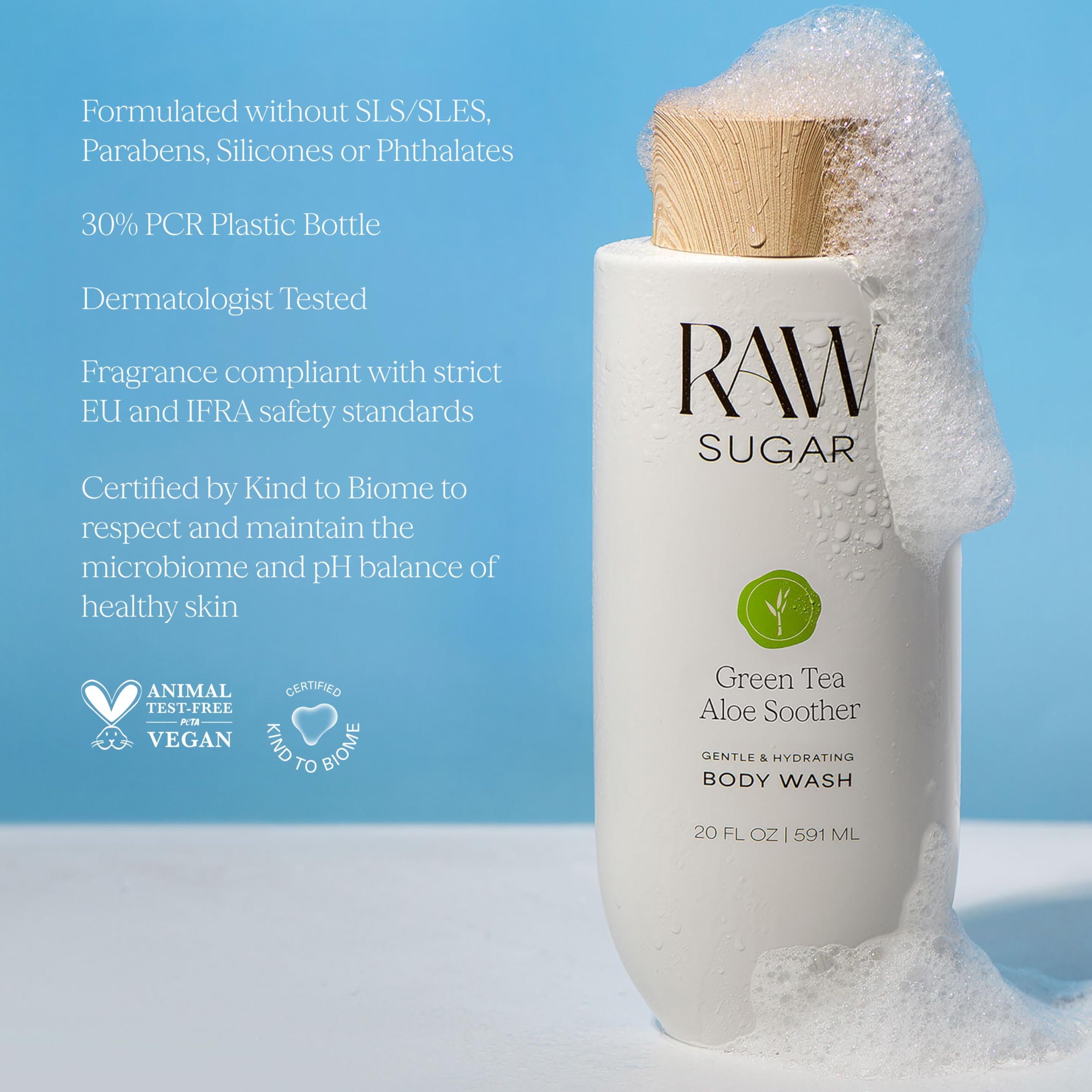 Creamy lather from RAW SUGAR Soother enriched with green tea and aloe