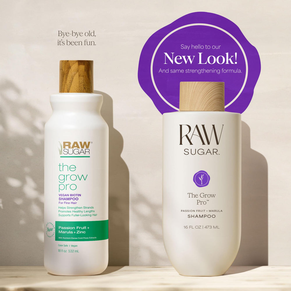 Raw Sugar Grow Pro ingredient panel highlights vegan biotin and zinc