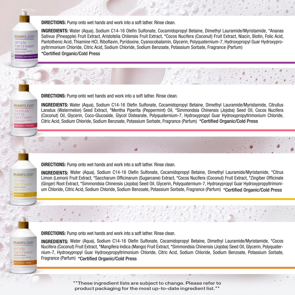 RAW SUGAR Hand wash bundle display showing variety and eco-friendly formula