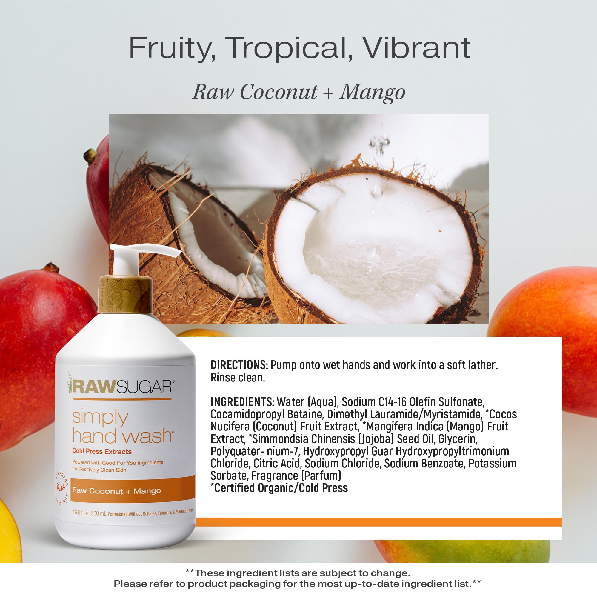 RAW SUGAR coconut mango label highlights natural ingredients and fruity aroma.