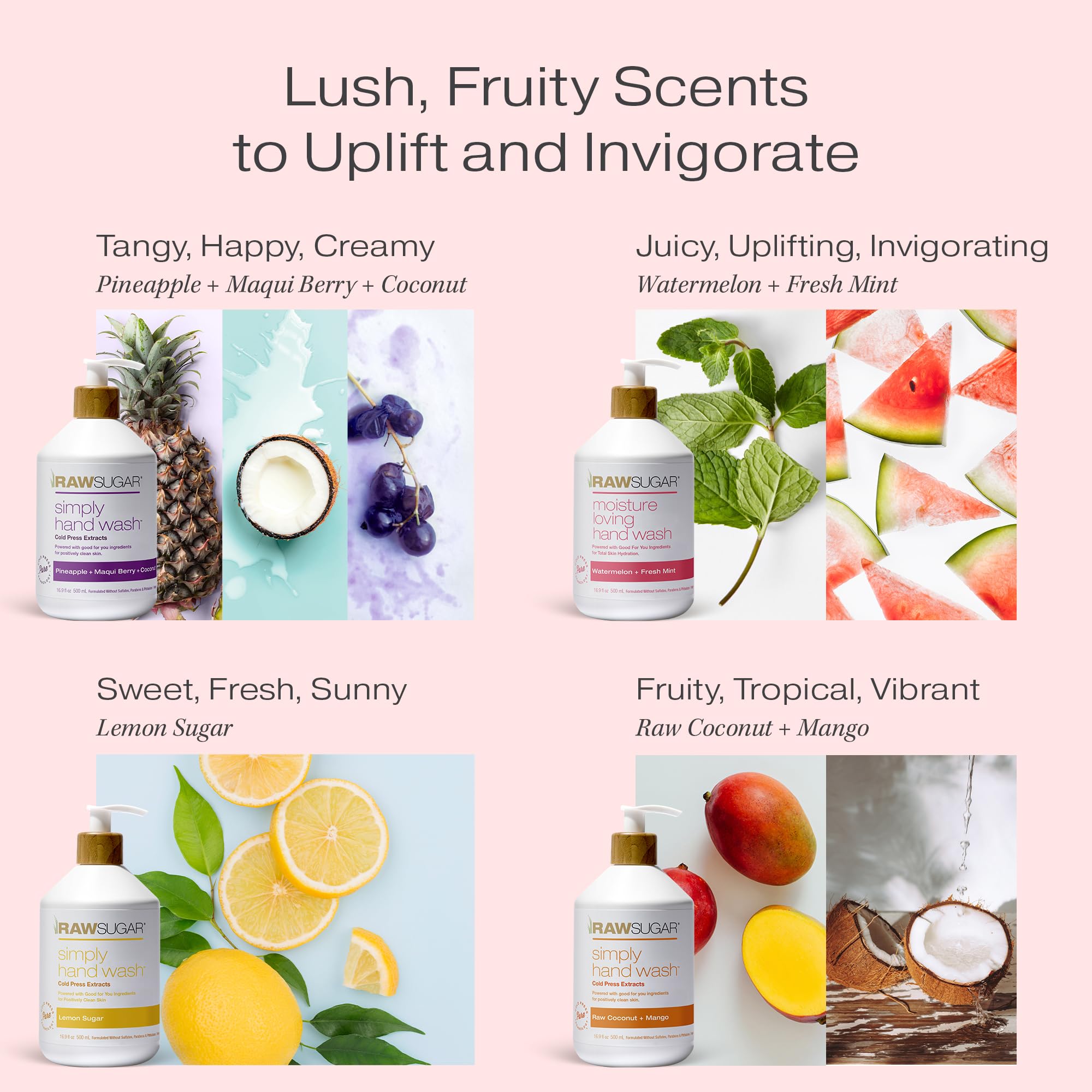 RAW SUGAR Pineapple Maqui Berry Coconut hand wash bottle delivers tropical aroma and gentle cleanse