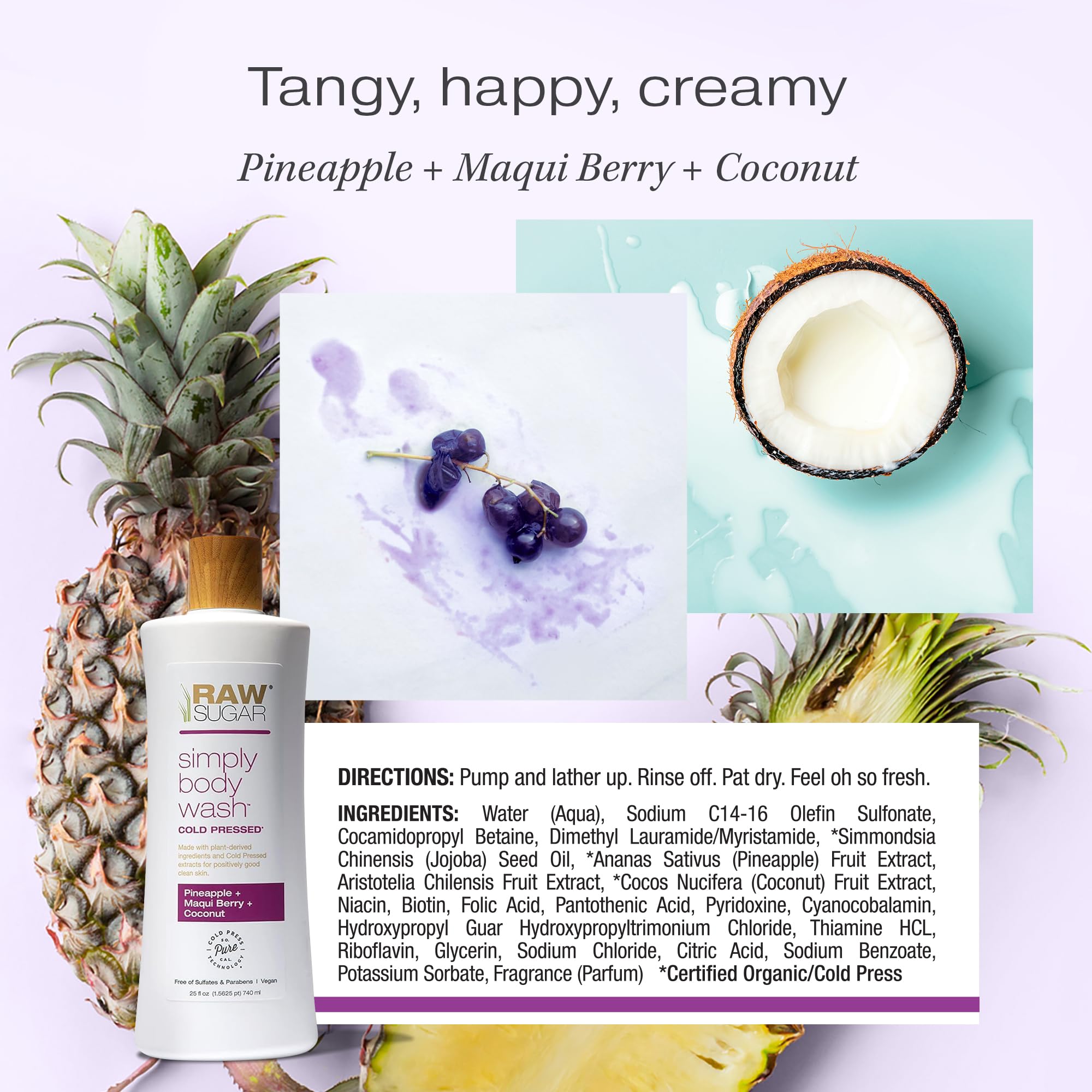 RAW SUGAR Pineapple Maqui Berry Reviver ingredients close-up highlights Aloe, Coconut, Jojoba for nourishment.