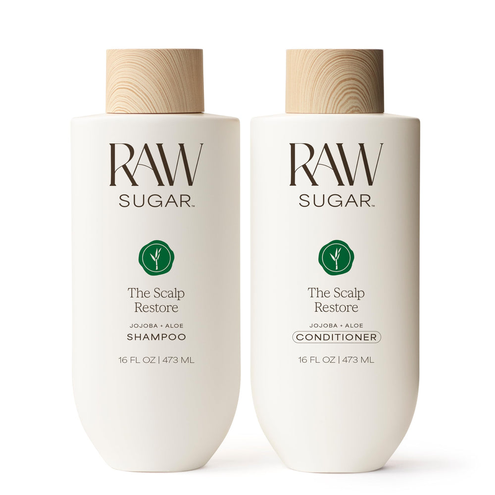 Raw Sugar Scalp Restore Shampoo bottle shows refreshed scalp and fuller-looking hair.