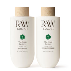 Raw Sugar Scalp Restore Shampoo bottle shows refreshed scalp and fuller-looking hair.