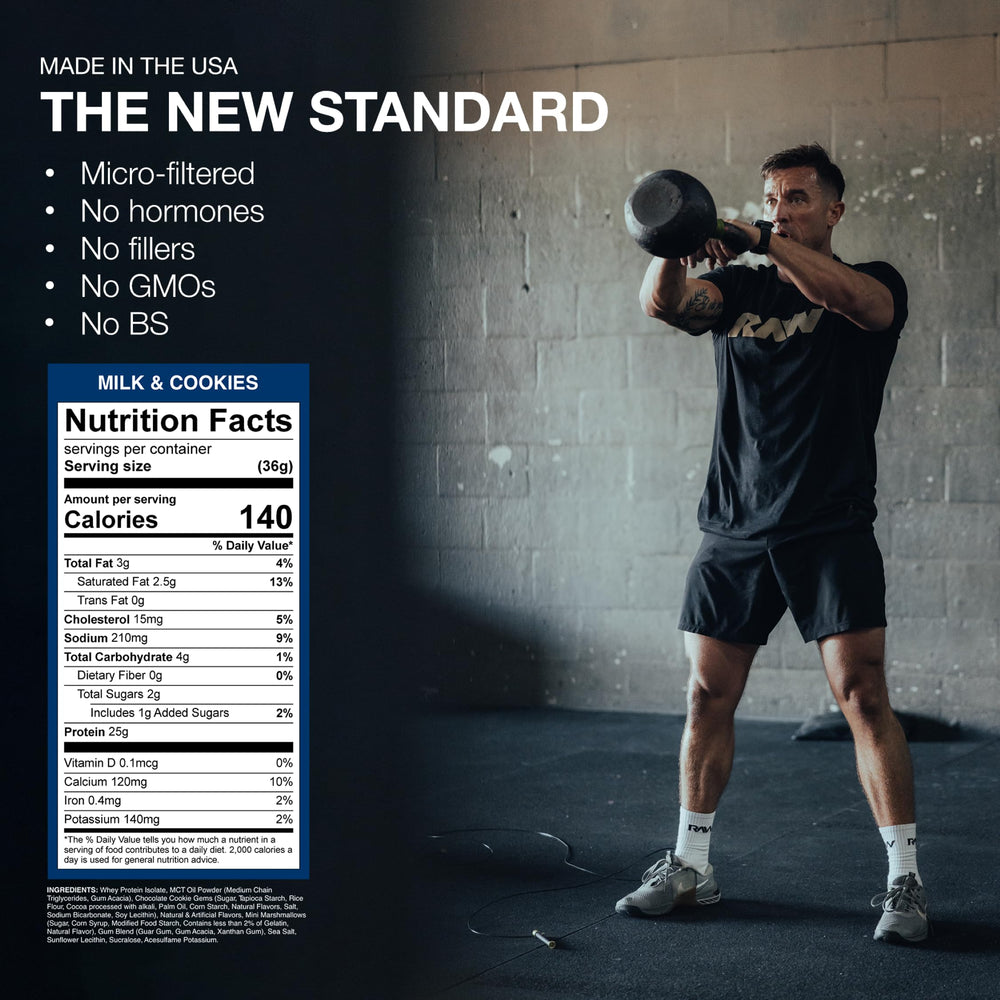 RAW nutrition facts panel illustrating low fat and low carb per serving.