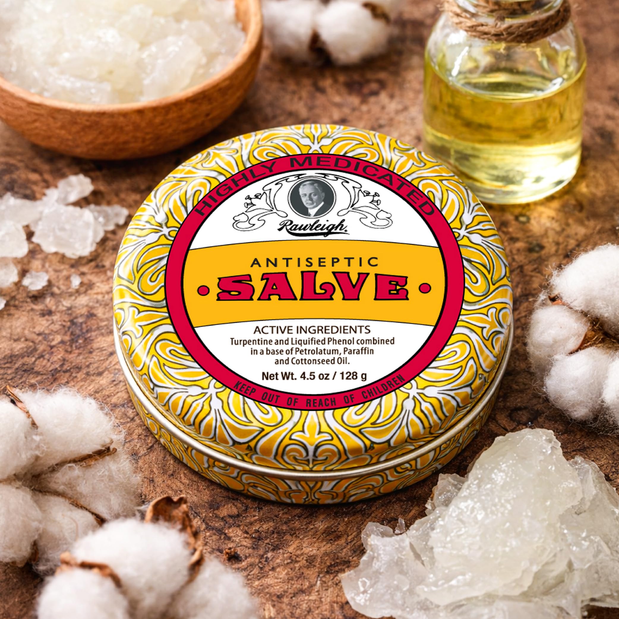 Rawleigh Salve used on minor burns and bruises for surface comfort.
