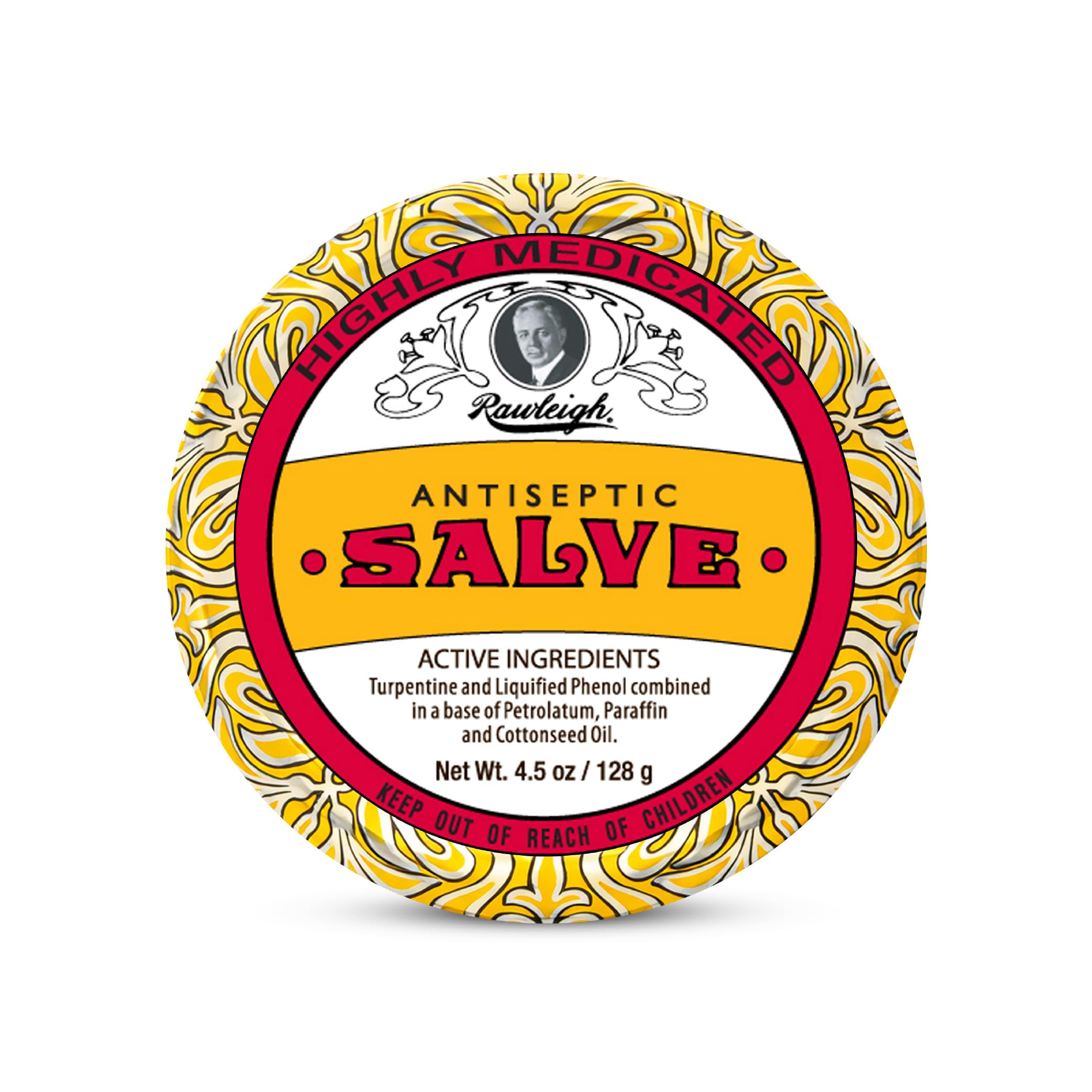 Rawleigh Antiseptic Salve iconically yellow tin shows the product for minor skin care.