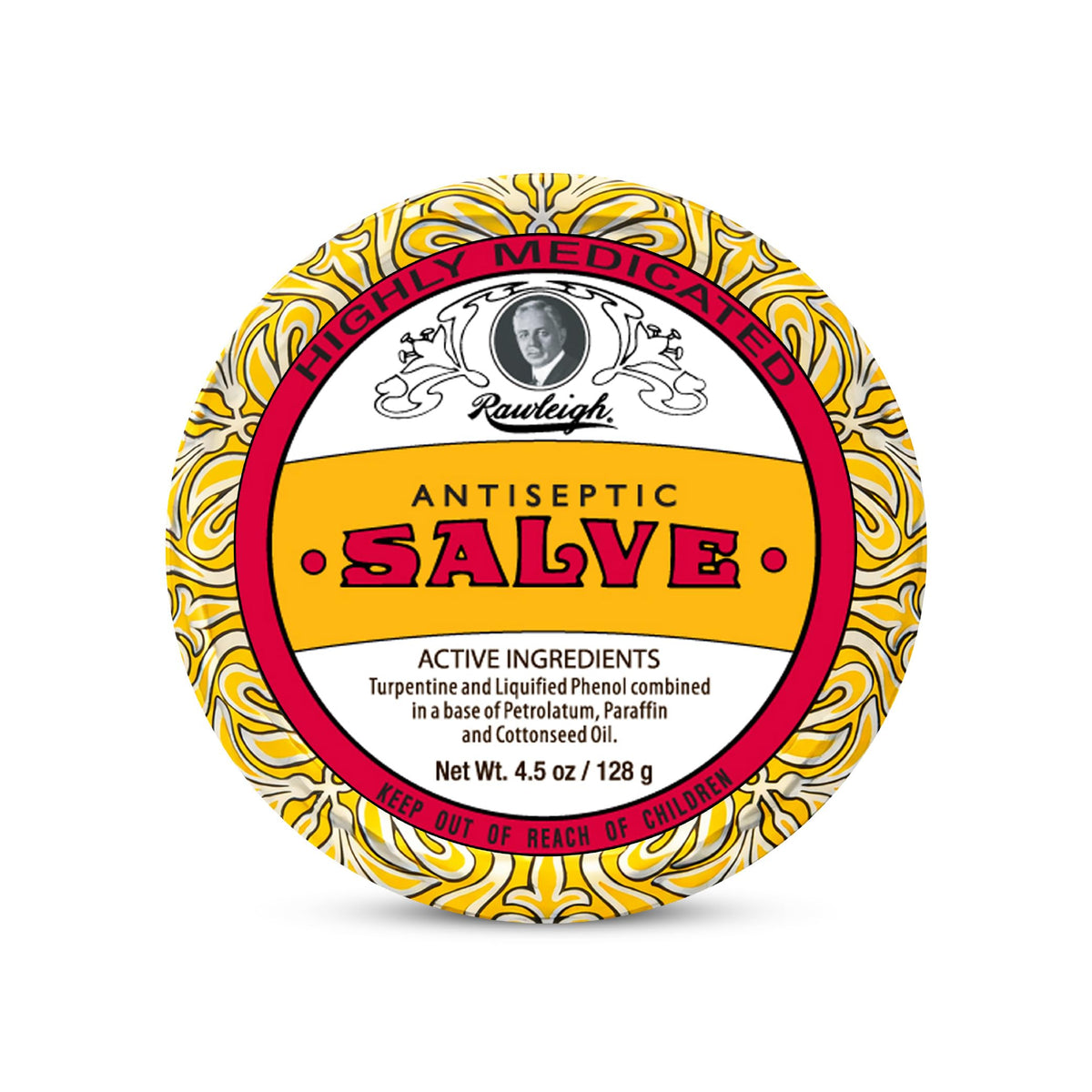 Rawleigh Antiseptic Salve iconically yellow tin shows the product for minor skin care.