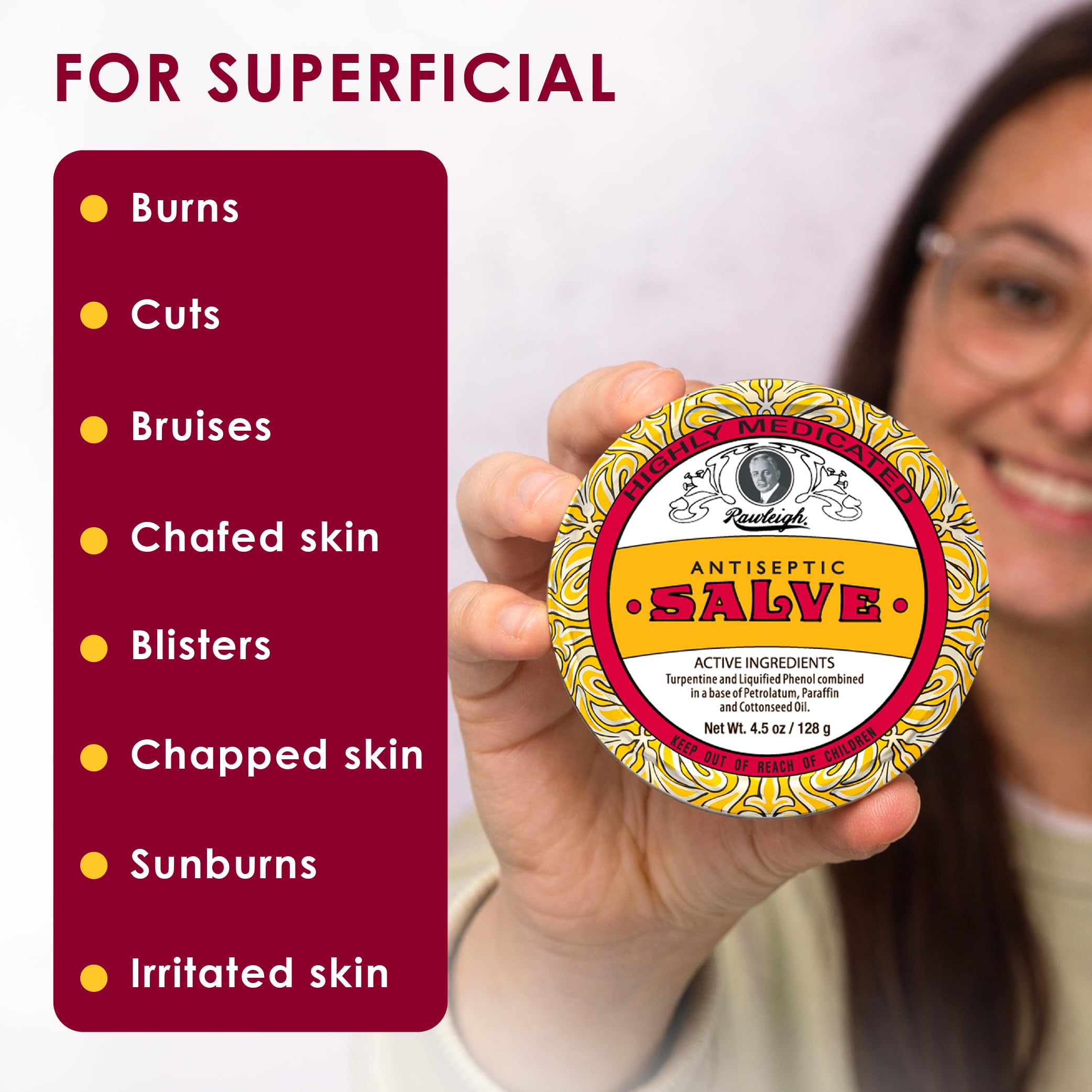 Packaging of Rawleigh Salve with tamper-evident seal and integrity protection.