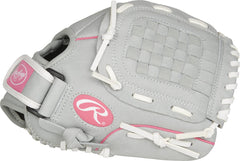 Rawlings pink-grey-white softball glove close-up highlights easy opening