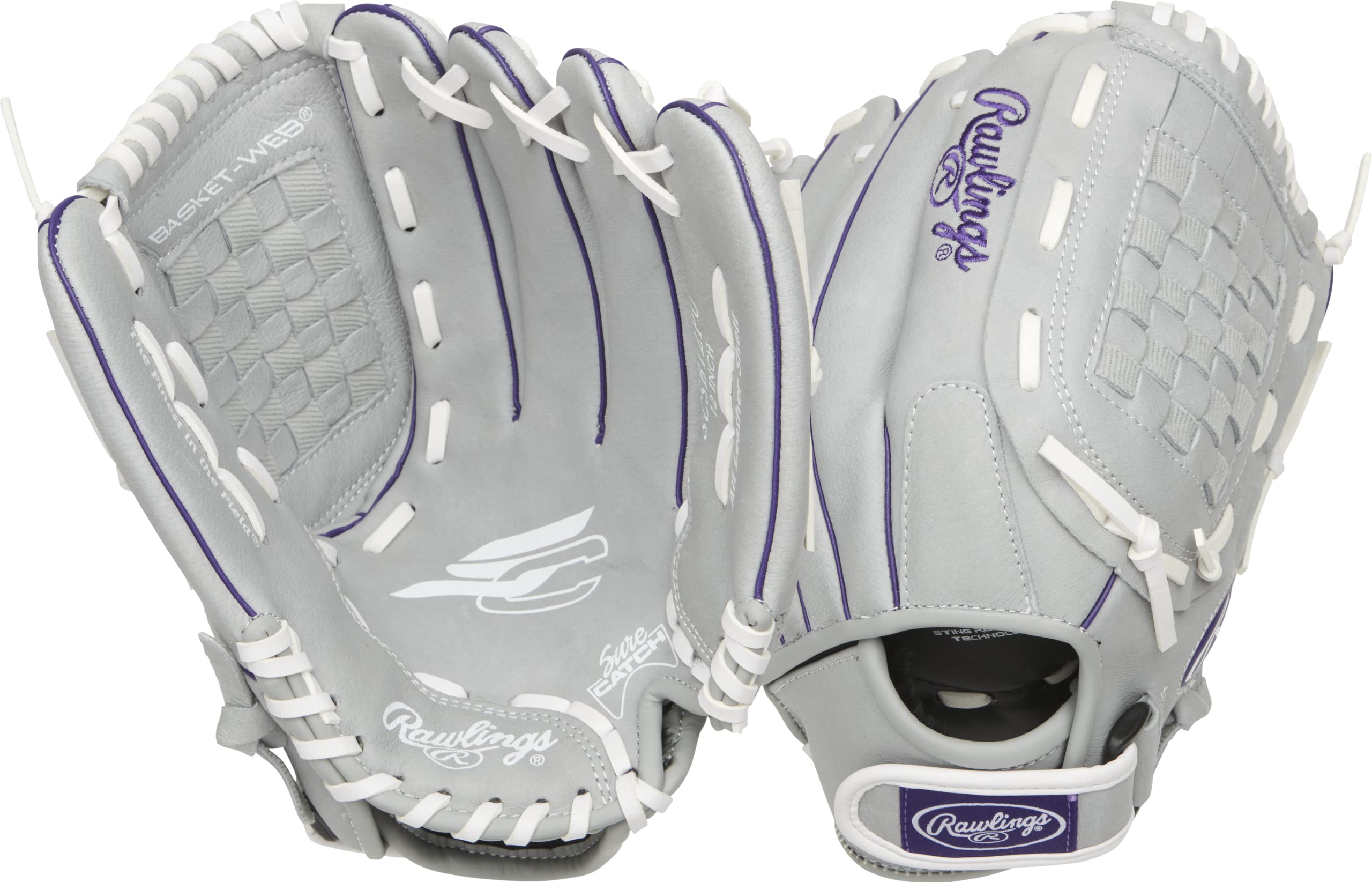 Rawlings Sure Catch 12-inch glove with basket web for quick fielding.