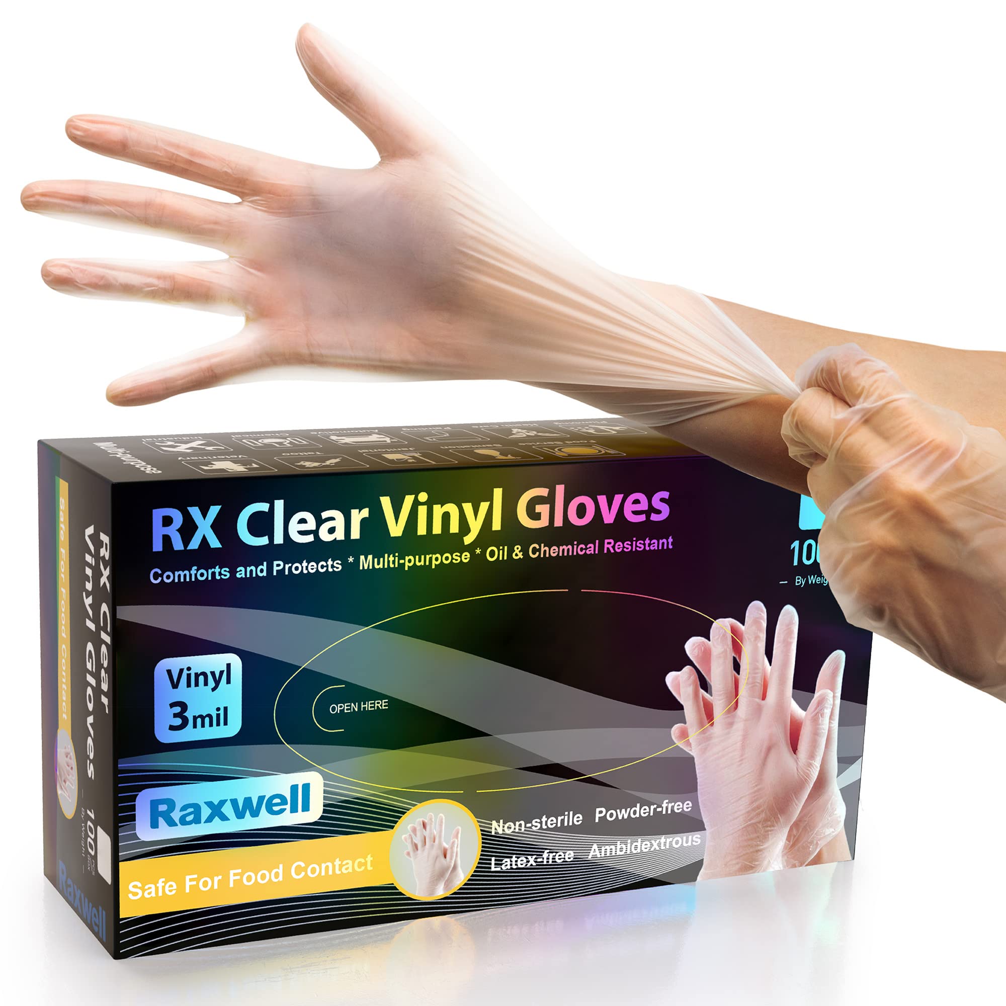 Raxwell 3 Mil vinyl gloves, clear pack of 100, durable for food prep.
