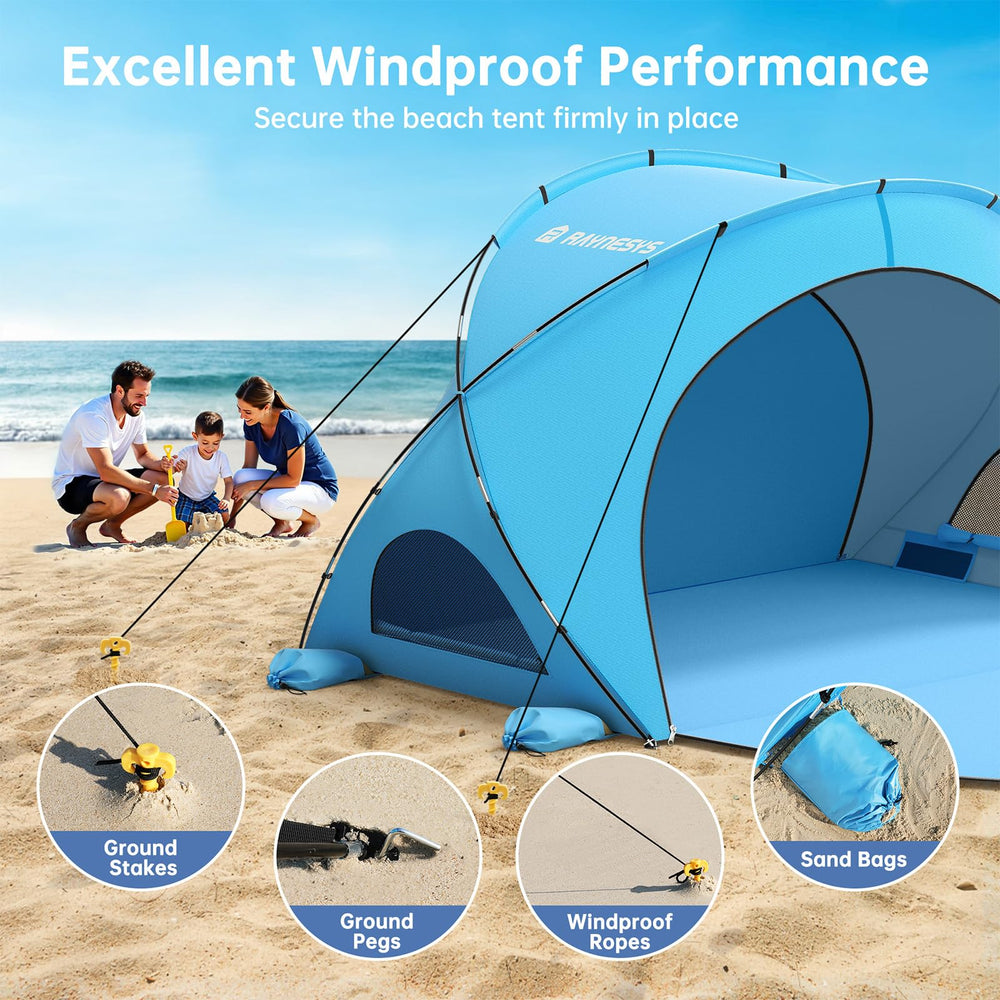 Raynesys shade tent with two zippered doors and mesh windows for airflow and privacy.