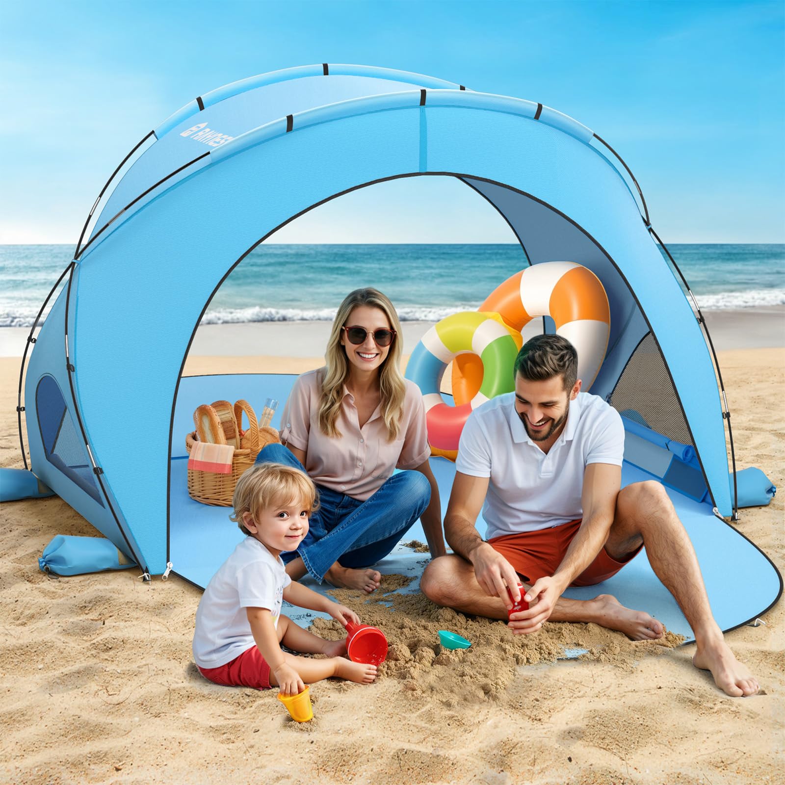 Raynesys portable sun shelter ready for beach trips, fishing, picnics, or camping.