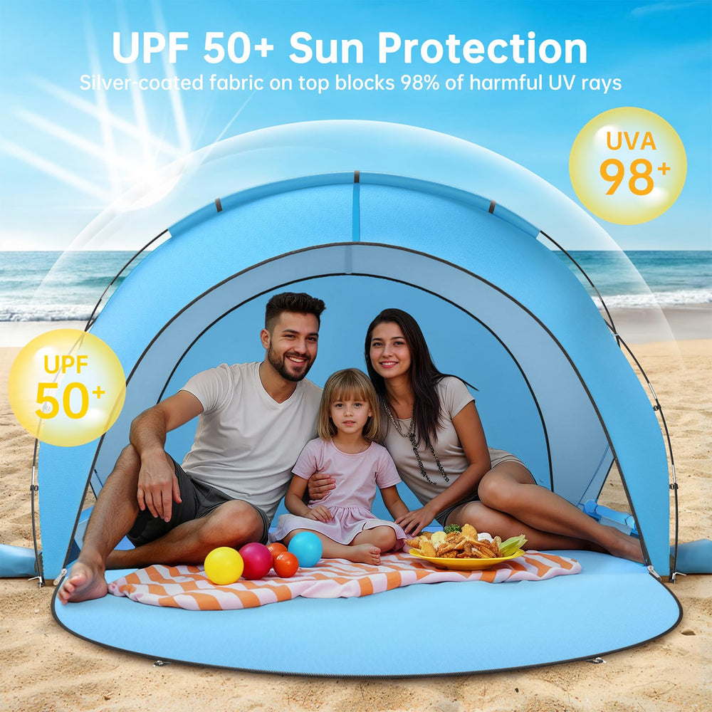 Raynesys shade tent demonstrates airy ventilation on a sunny beach.